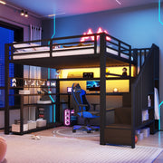 Letto a soppalco 140x200 cm con LED; scrivania e armadio in MDF e metallo nero