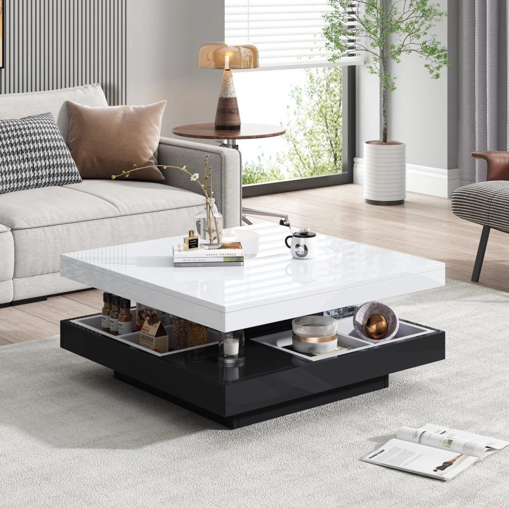 Tavolino da salotto 70x70x36 cm; girevole 360掳 a doppio livello con vano; truciolato bianco e nero