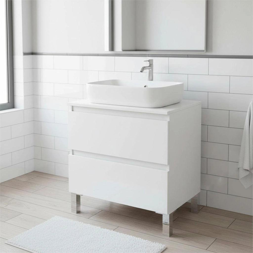 Mobile Bagno Con Lavabo Da Appoggio Due Cassetti Salvaspazio Guide In Metallo E Gambe In Alluminio Stile Moderno Minimal Per Lavanderia E Ripostiglio 63.5 x 60 x 40 Cm Bianco Lucido
