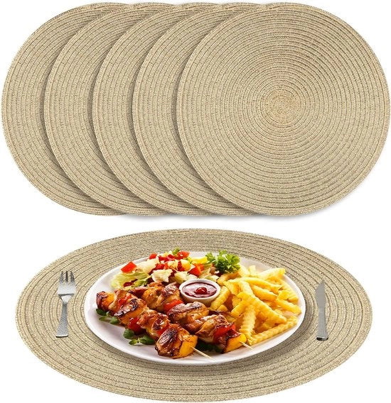 Set di tappeti da tavola a forma rotonda intrecciati a ghirlanda d'oro, set da 6 tappeti da tavola resistenti al calore lavabili per cucina e sala da pranzo, 38 cm