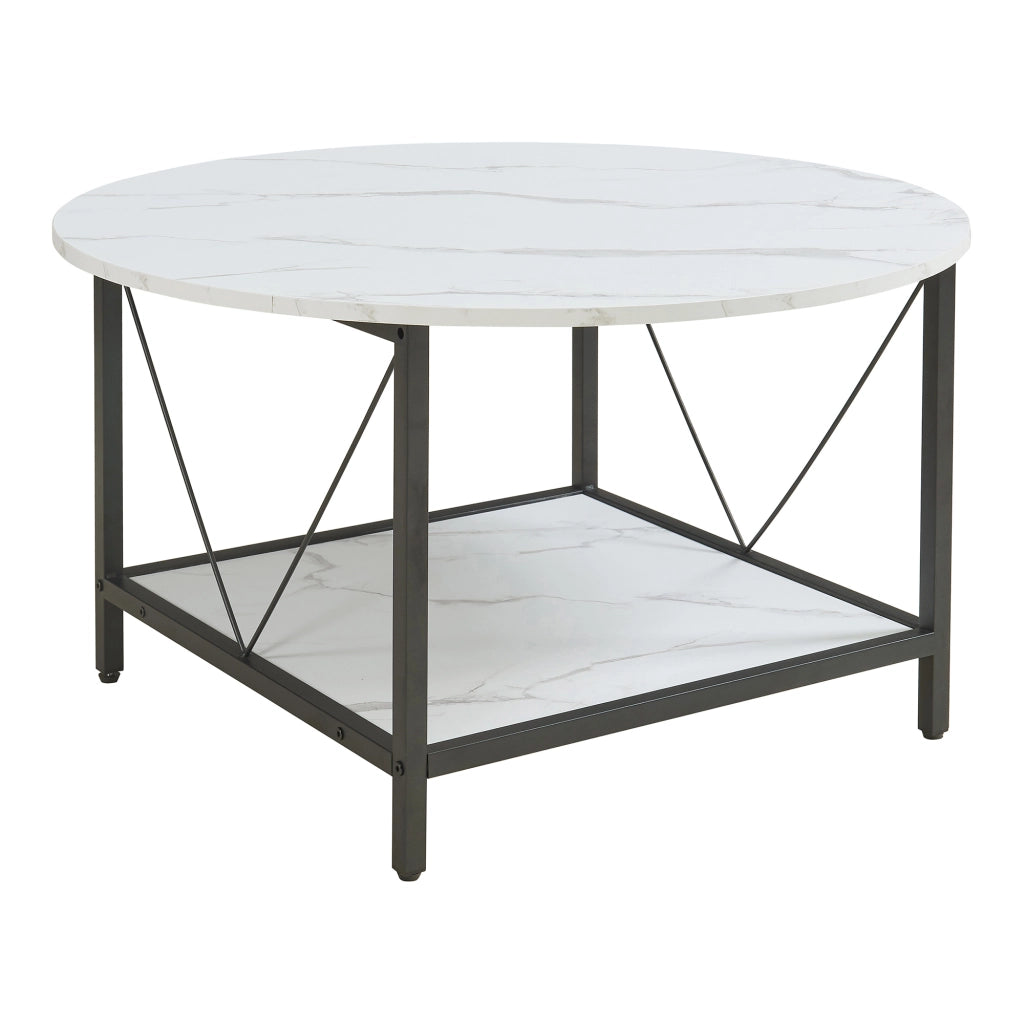 Tavolino da Caffè Filem con Piano Rotondo e Ripiano ØxA: 80 x 46 cm - Effetto Marmo Bianco [en.casa]