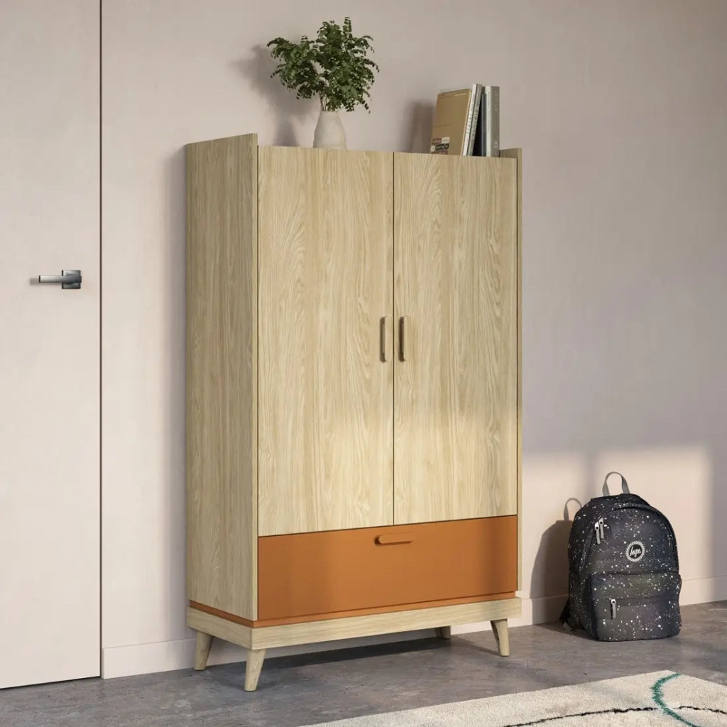 Armadio di organizzazione NOKI – 2 ante + 1 cassetto in rovere chiaro e moka – Stile scandinavo