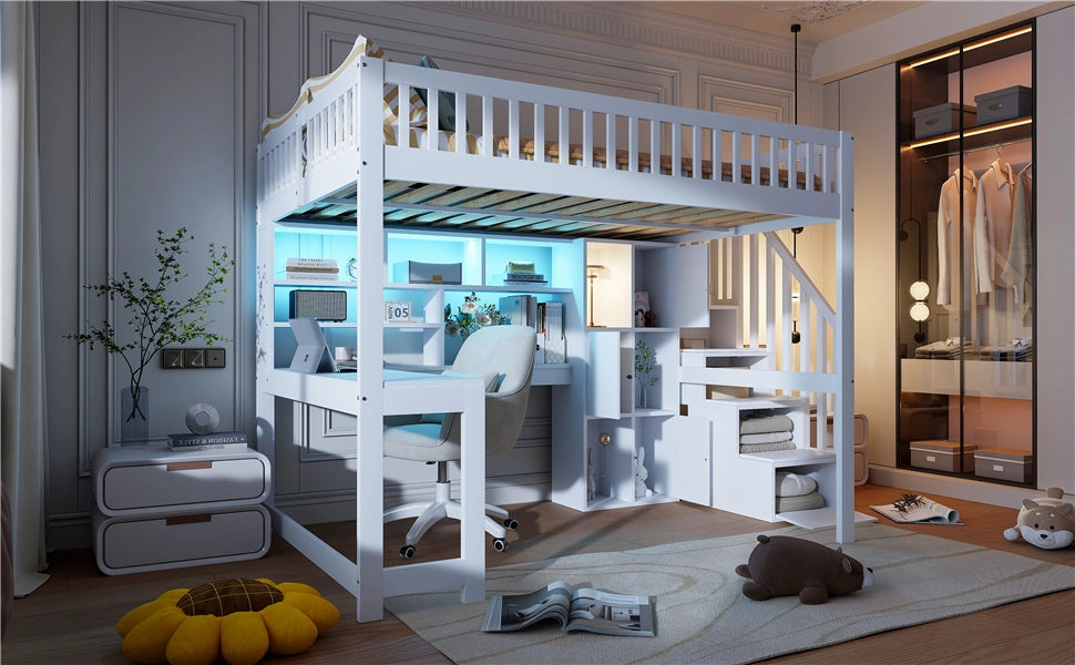 LETTO A CASTELLO 140x200 cm con scrivania, LED, scala contenitore, bianco