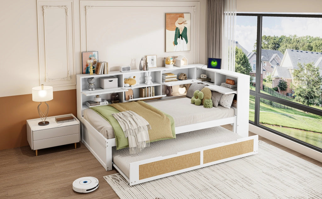 DESMIU Letto estraibile 90 × 200 cm 1 posto con letto 90 × 190 cm, USB e contenitore, senza materasso, bianco