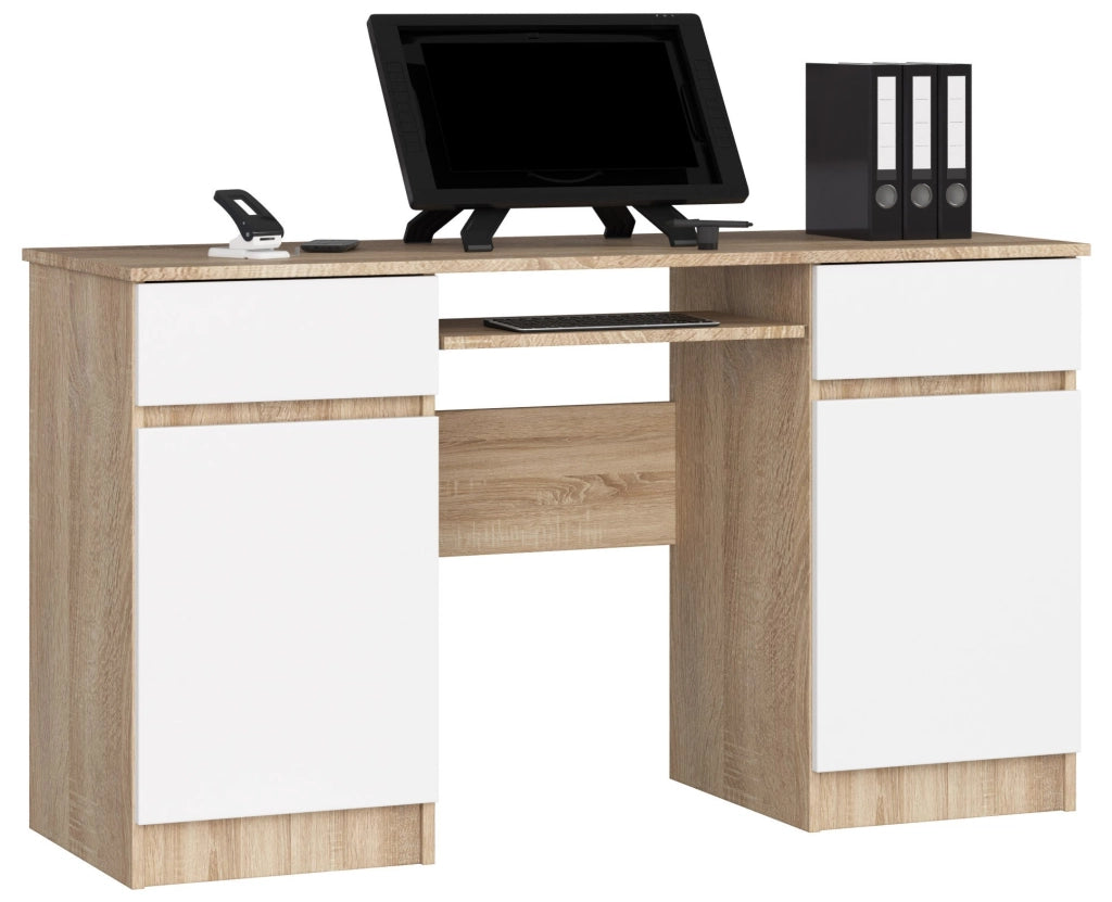 Scrivania per computer AKORD A5 Sonoma Quercia 135 cm 2 ante 2 cassetti inserto frontale Bianco 135x50x77 cm