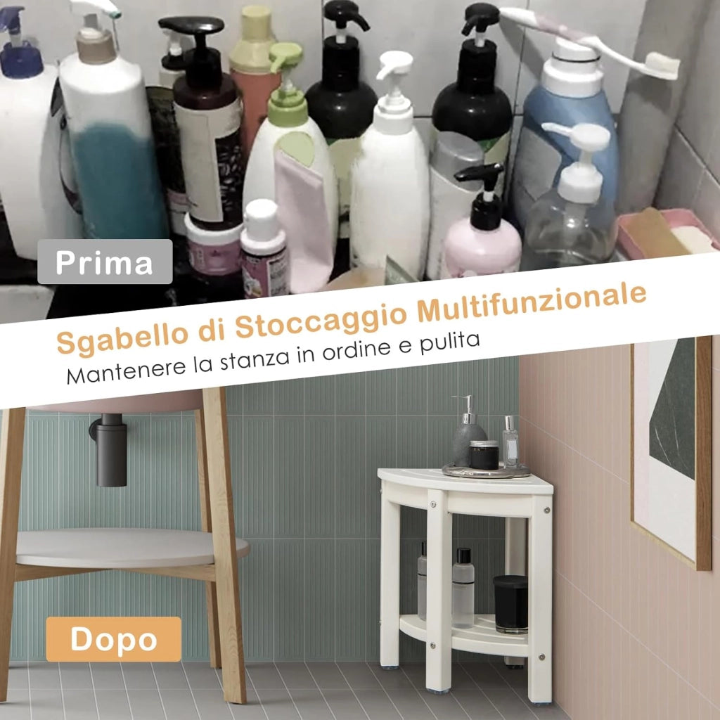 Sgabello Doccia, Sedia da Bagno Angolare in Polietilene con Ripiano, Sedile Multiuso a 2 Livelli per Uso Interno o Esterno, 32,5x32,5x43,5 cm, Capacità di Peso 150 kg (Bianco)
