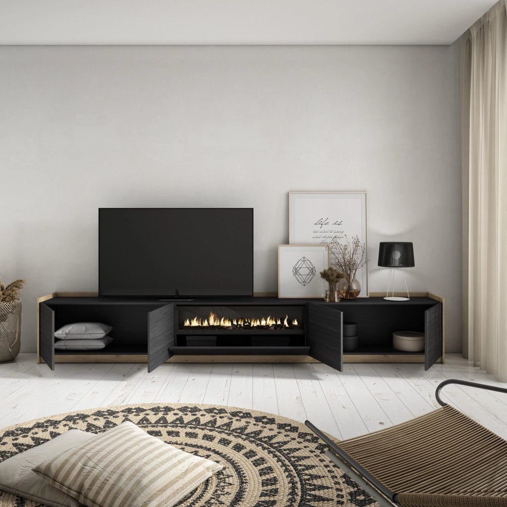Mobile TV Soggiorno, 310x50x37 cm, Per TV fino a 80", Camino elettrico, Nero e rovere