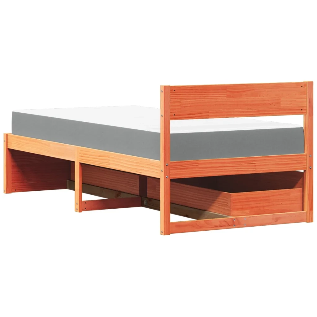 Letto Cassetti e Materasso Marrone Cera 100x200cm Massello Pino 3281906