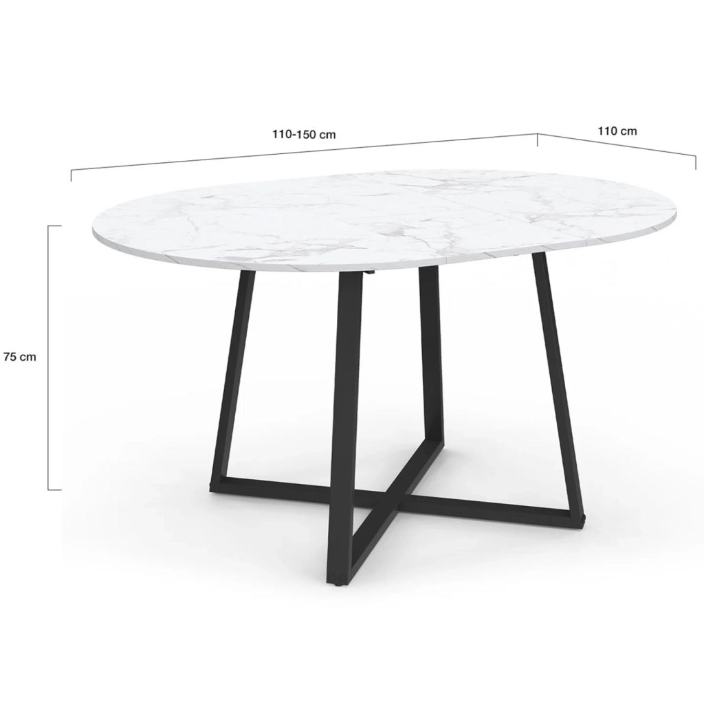 IDMarket - Tavolo da pranzo rotondo allungabile SELMA 4-8 persone piano in marmo bianco e nero ALASKA 110 - 150 cm