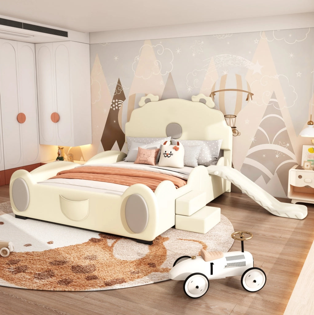 Letto per bambini 140x200 cm con scivolo e scala; PU; beige
