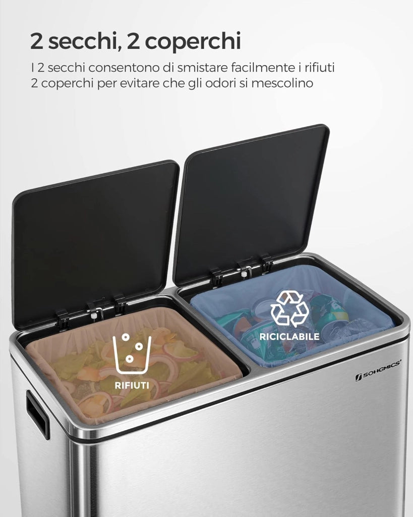 SONGMICS Pattumiera a 2 Scomparti, con 2 x 30L Secchi Interni per Spazzatura Differenziata, 15 Sacchi della Spazzatura, Pedali e Coperchi a Cerniera, Chiusura Morbida, Argento e Nero LTB60NL