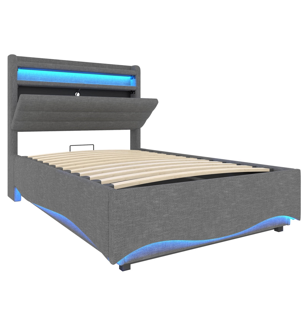 Letto imbottito 90x200 cm con LED; contenitore idraulico; USB e Type-C in lino grigio