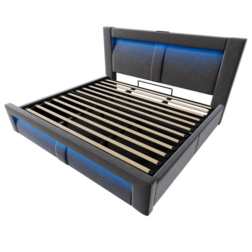 Letto Contenitore Matrimoniale 180x200 con LED ¨C MINIMAL ¨C Velluto Grigio, Idraulico, USB
