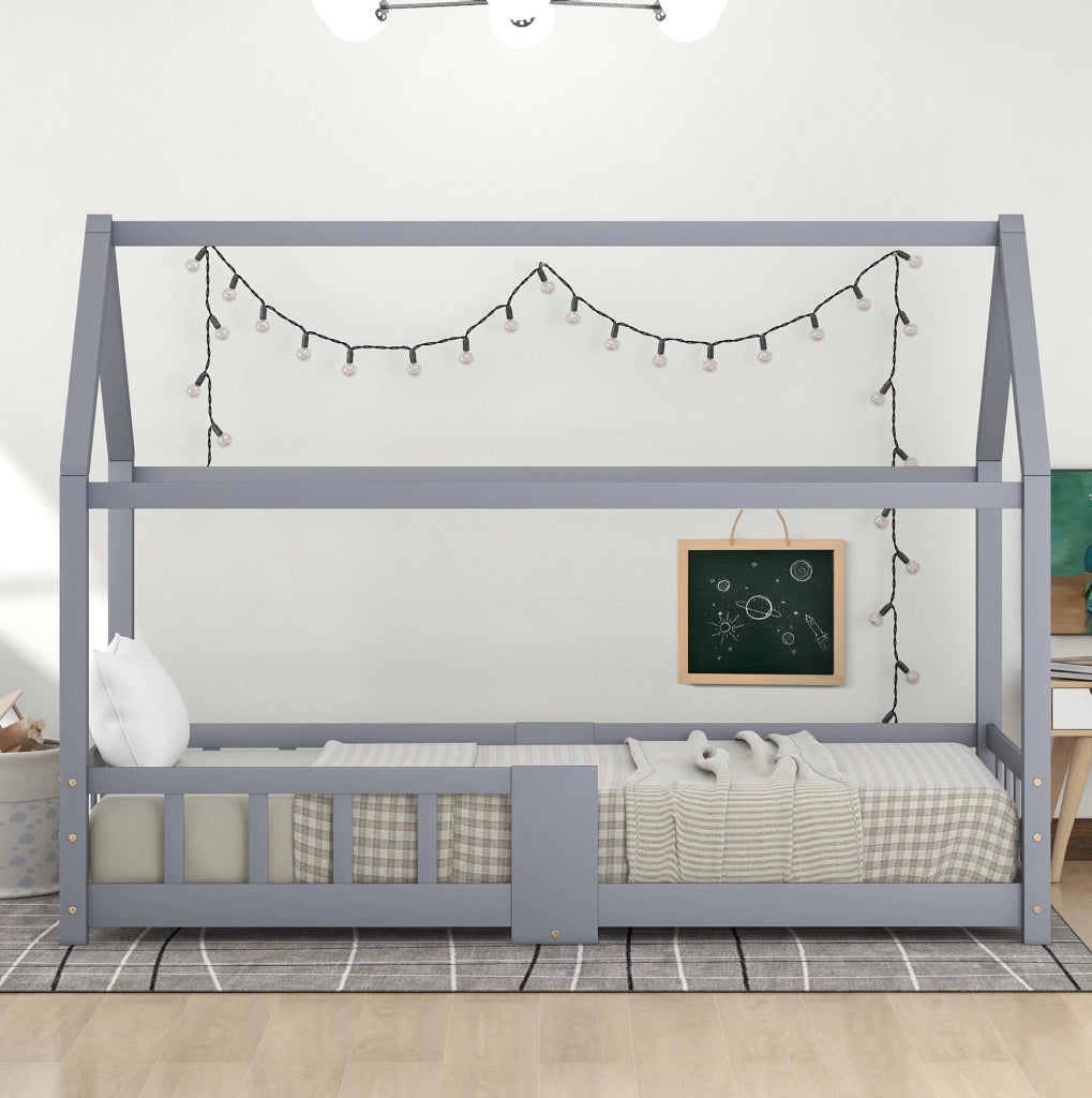 Letto a casetta per bambini 90x200 cm grigio con lavagna