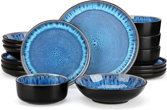 Set da tavola - 12 pezzi - Set di piatti da dessert con finitura lucida - Stile mediterraneo con 4PCS Tavolo da pranzo/Tavolo da dessert/Ciotola per zuppa/Ciotola - Blu