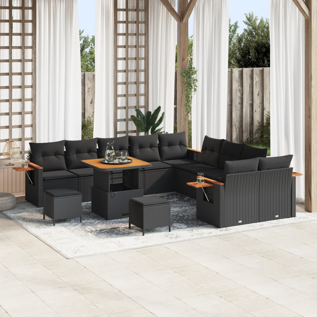 Set Divano da Giardino 13 Pezzi con Cuscini Nero Polyrattan Acacia