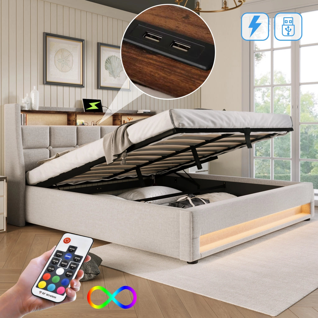 LETTO imbottito LED e USB 160x200 cm Beige con vano contenitore