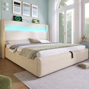 Letto matrimoniale 140x200 beige con LED, ricarica e materasso