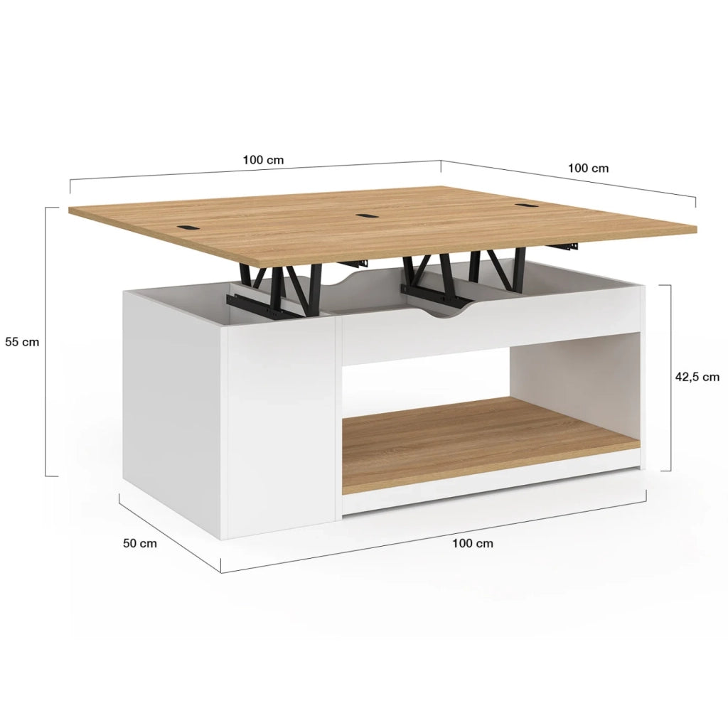 IDMarket - Tavolino rettangolare con piano sollevabile, trasformabile in tavolo da pranzo ELEA, 100 cm, legno bianco e impiallacciato faggi