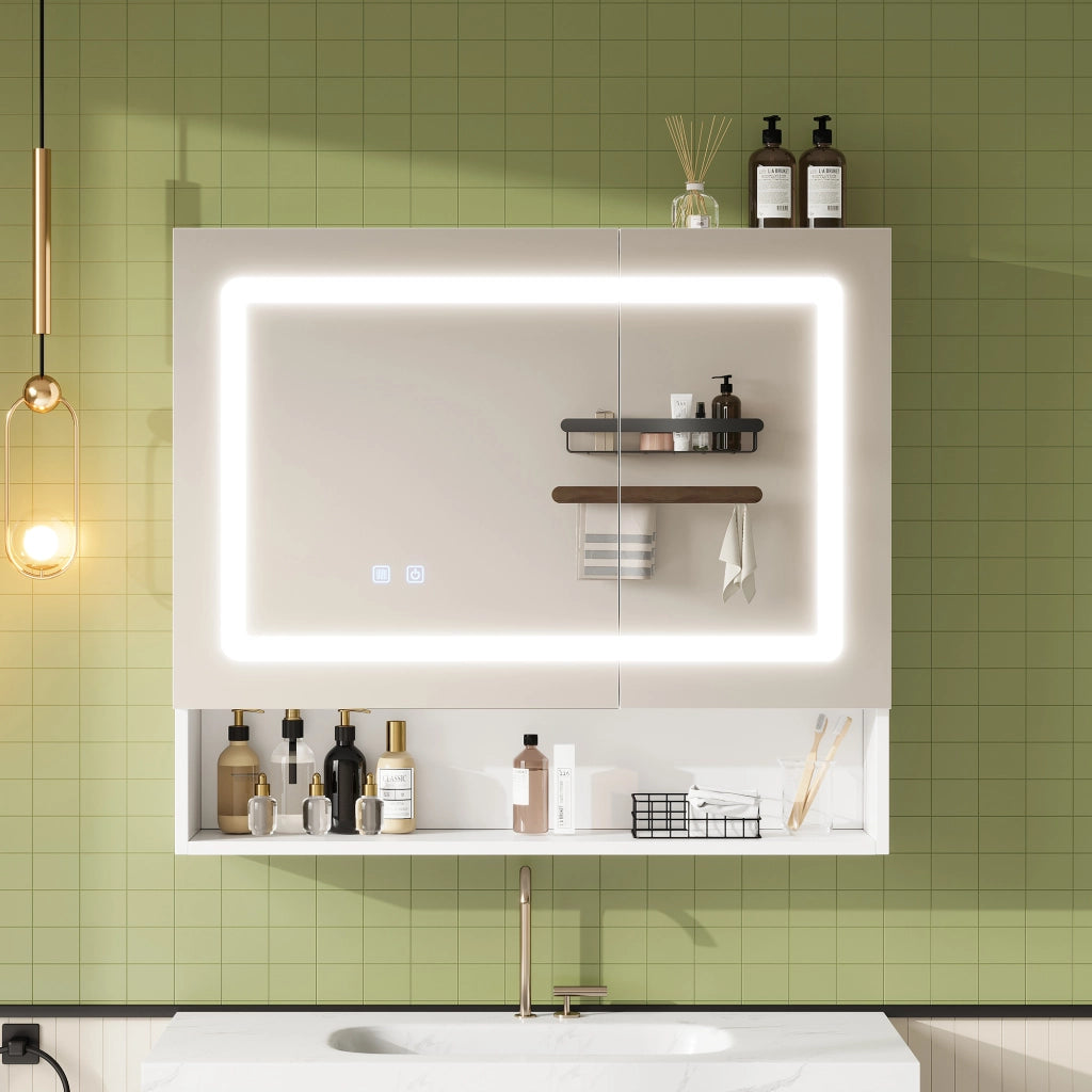 Mobile con specchio con 2 ante; 3 vani; LED e funzione antiappannamento per bagno; in MDF e vetro; bianco; 80×17×70 cm