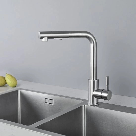 Uscibile alta pressione rubinetto cucina, rubinetto cucina con doccia, due getti d'acqua, rubinetto da lavabo a un giro, 360° girevole, miscelatore cucina, acciaio inossidabile lucidato, X203S