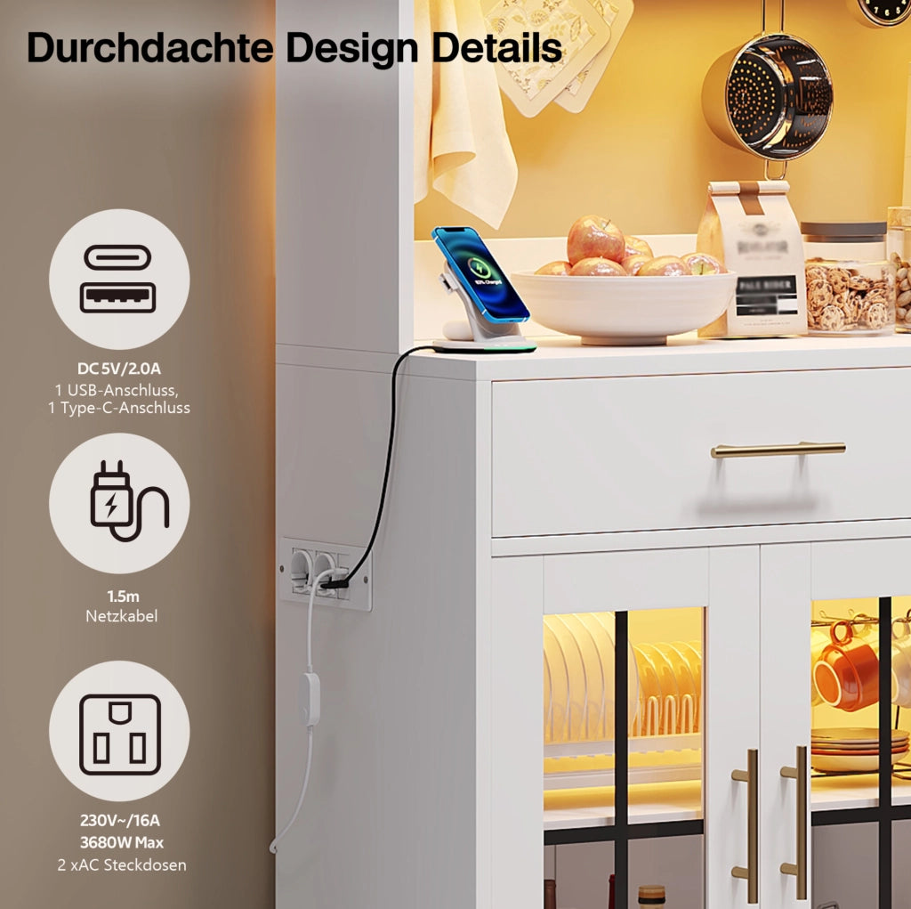 Credenza da cucina bianca con LED RGB, 6 ante e 2 cassetti