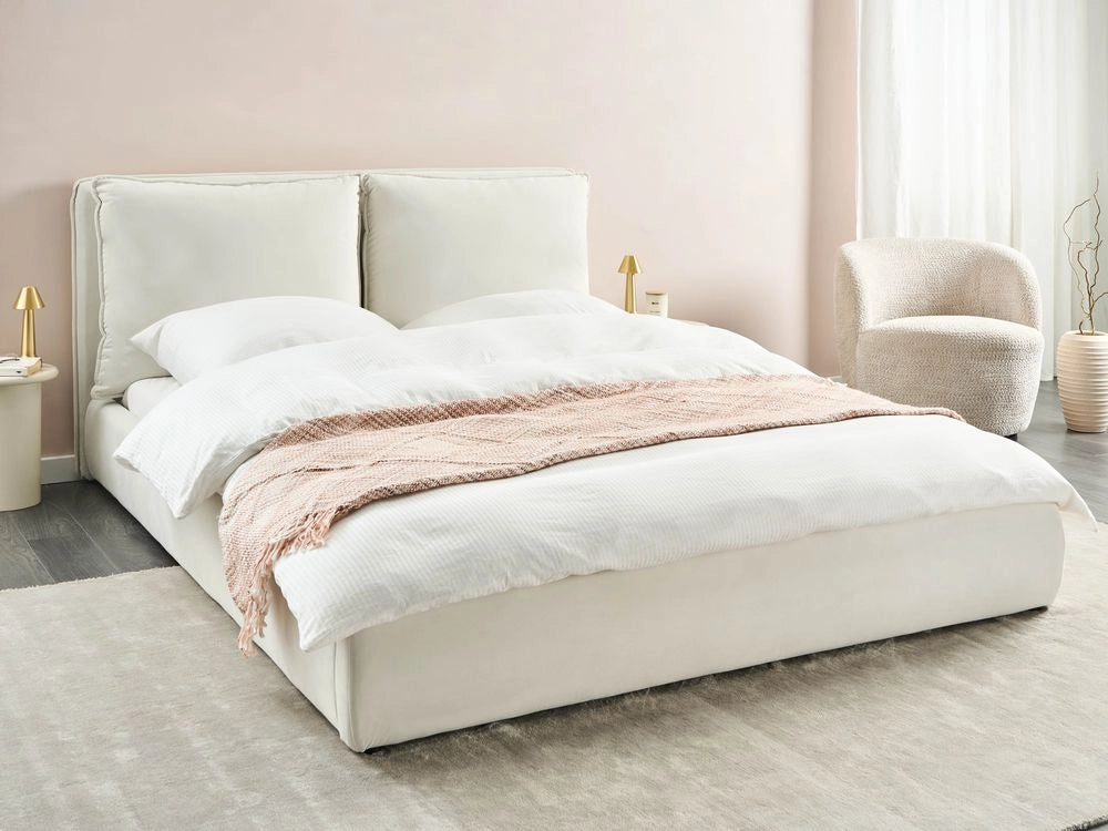 Letto matrimoniale velluto bianco sporco 160 x 200 cm testata imbottita