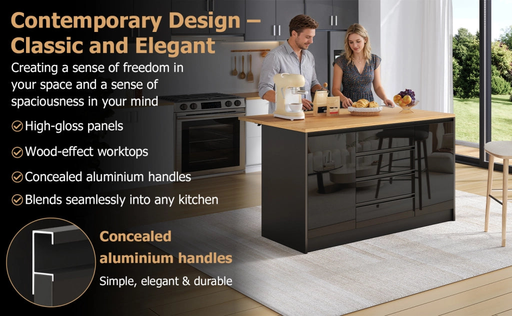 Isola Cucina con Piano Allungabile ¨C MINIMAL ¨C 4 Cassetti, 2 Ante, Nero, Effetto Legno, 140 cm