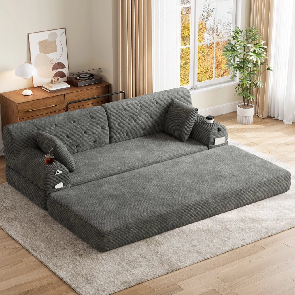 Divano letto a 3 posti con schienale alto, 4 tasche e 2 portabicchieri in tessuto effetto corda grigio scuro