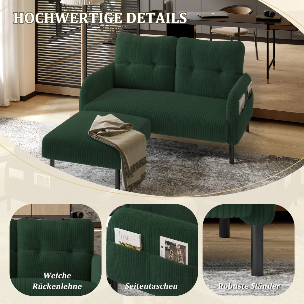 DIVANO 2 posti in corduroy verde smeraldo con tasca laterale, 120 x 75 x 79 cm