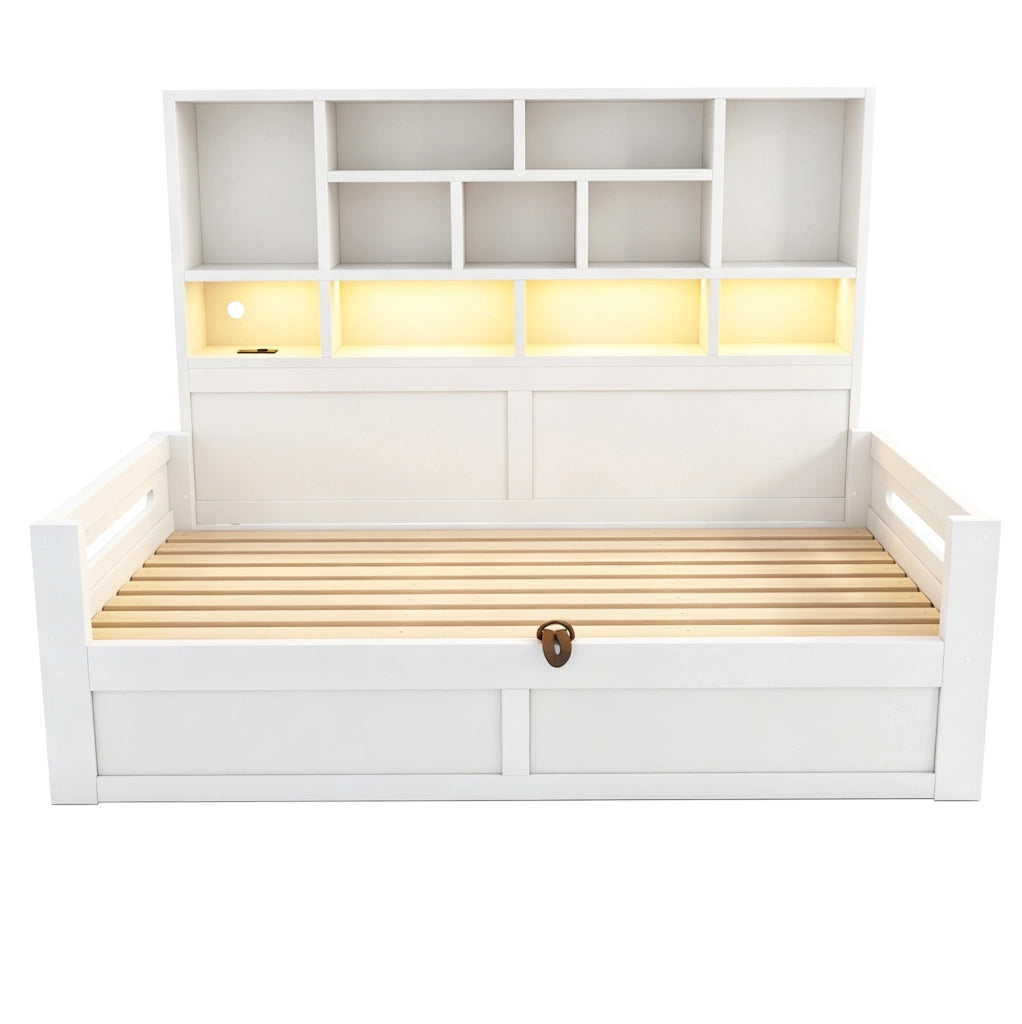 Letto singolo multifunzione ULEVR 90x200 cm con vano idraulico, LED e prese, MDF bianco