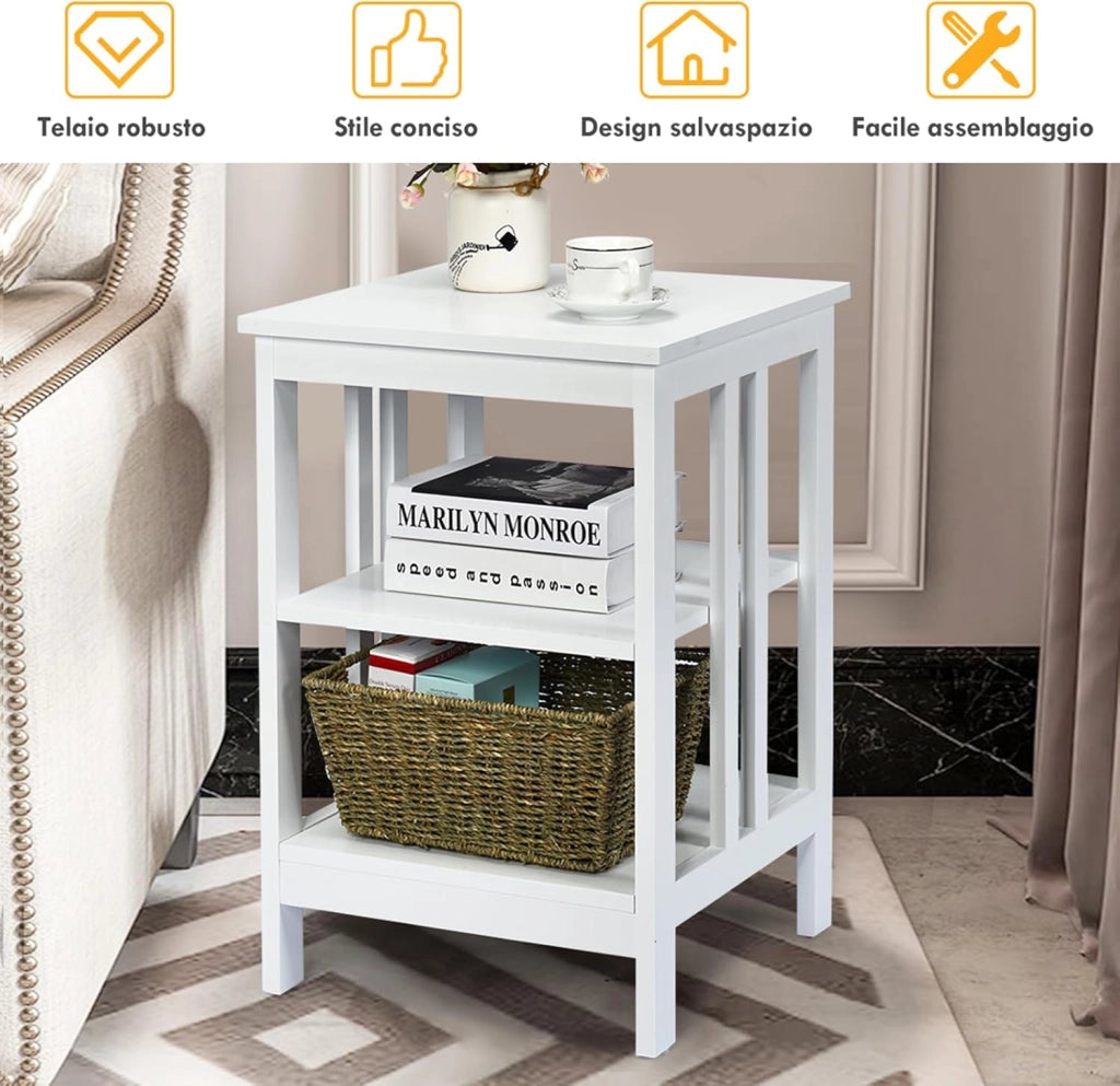 Comodino per Camera da Letto, Comodino a 3 Livelli, Tavolino da Soggiorno in Legno, Portata Totale 20 kg, 40 x 40 x 61 cm (1, Bianco)