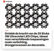 25 pezzi di LED Chip UV 3W - Alta luminosità - Duraturo e sicuro - Adatto a diverse applicazioni - Efficace in termini di energia - Compatta dimensione