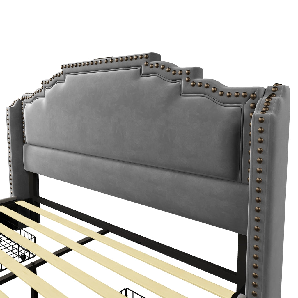 Letto matrimoniale 140x200 in velluto grigio con 4 cassetti, LED, porte USB/Type-C e materasso incluso
