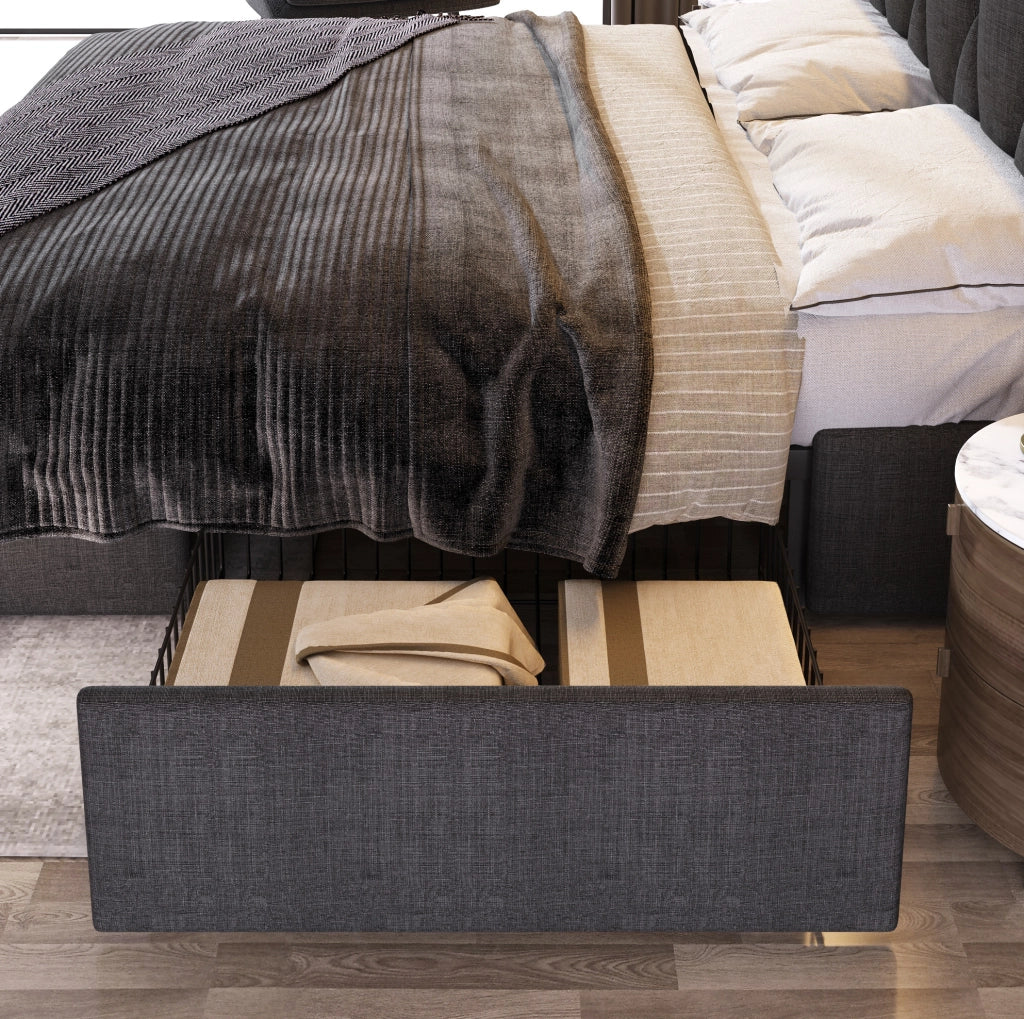 Letto matrimoniale imbottito 140x200 cm con 4 cassetti; ricarica USB e prese; grigio