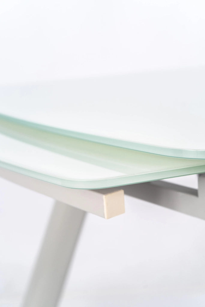 Tavolo allungabile Phil moderno con top in vetro temperato extra white e struttura in metallo grigio chiaro, 140/175/210 cm - Phil
