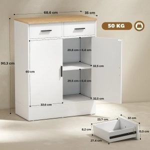 Credenza con 2 cassetti; ripiano regolabile e 2 vani; per soggiorno e cucina; in legno bianco; 68.6×35×90.3 cm