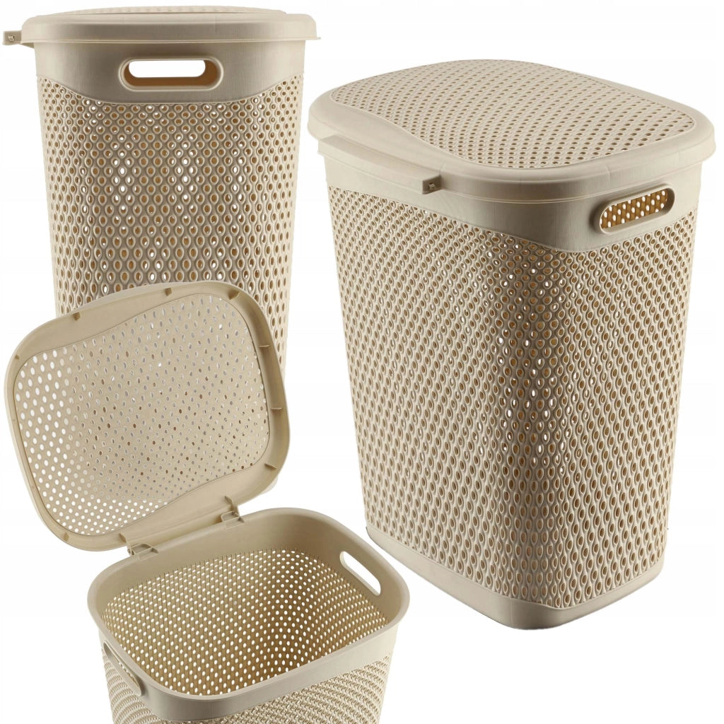 Cesto portabiancheria KADAX con coperchio, contenitore in plastica, 55 litri, beige