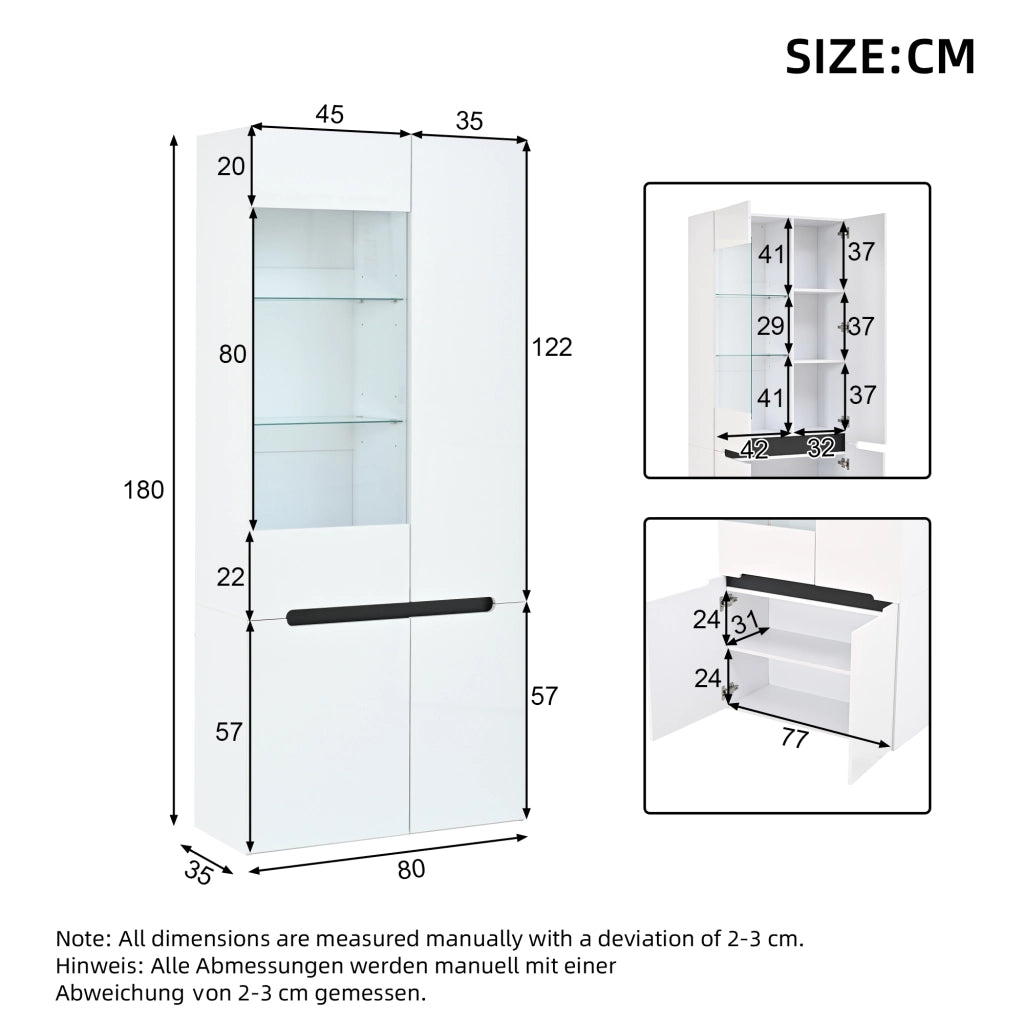 Vetrina verticale con LED Bluetooth; 4 ante; 80 x 35 x 180 cm; MDF bianco