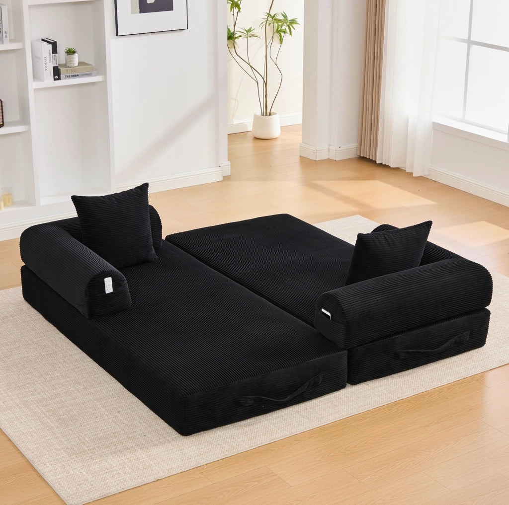 DIVANO modulare 200x94x67 cm in velluto a coste nero con 3 cuscini