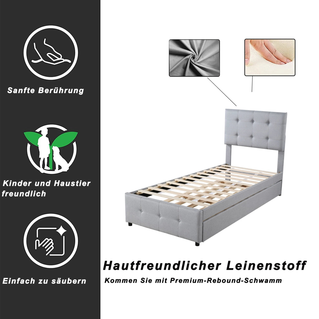 DESMIU Letto estraibile Letto singolo 1 posto con testiera regolabile, 90 × 200 cm e 90 × 190 cm, senza materasso
