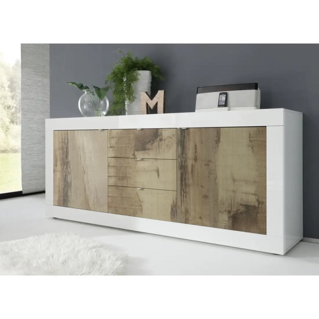 Buffet 2 porte e 3 cassetti, collezione ISORA, colori bianco e rovere chiaro
