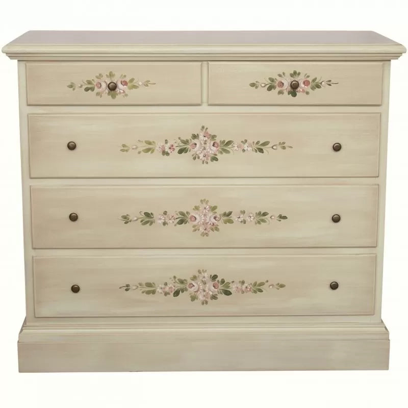 Cassettiera 5 cassetti legno shabby avorio anticato decori 117x51x101 - Mobili 2G
