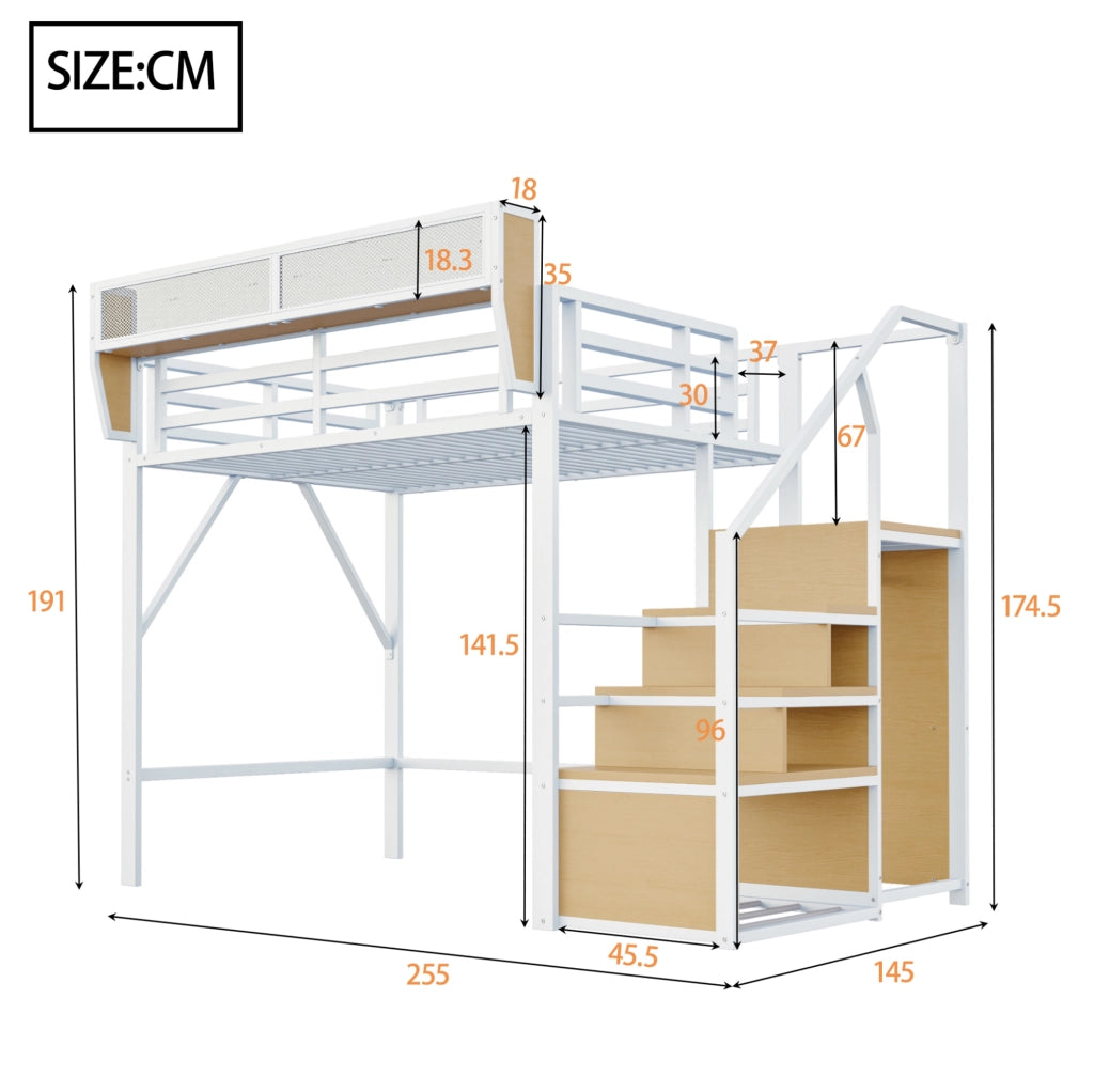 Letto a soppalco 140x200 cm con scala di sicurezza e ripiano flessibile in metallo bianco