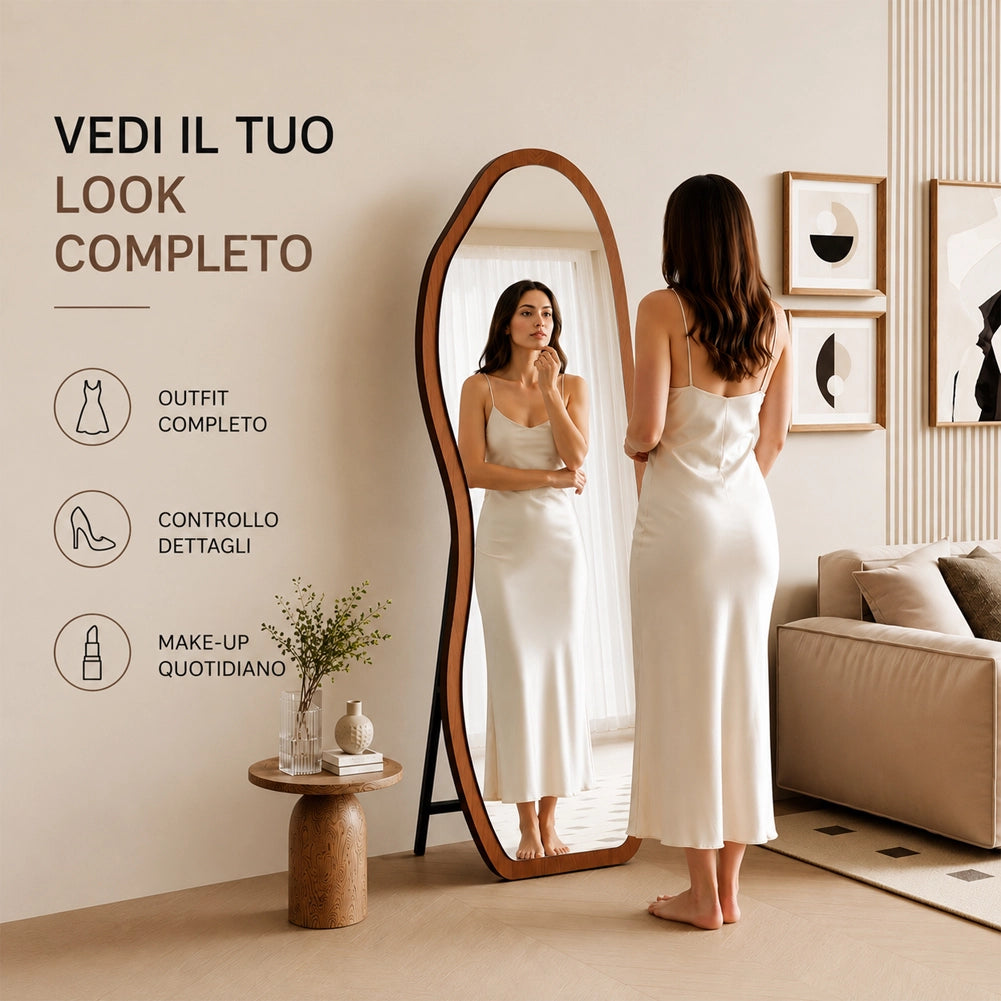 Specchio a Onda Rovere con Struttura Legno Autoportante Design Moderno 160x60cm