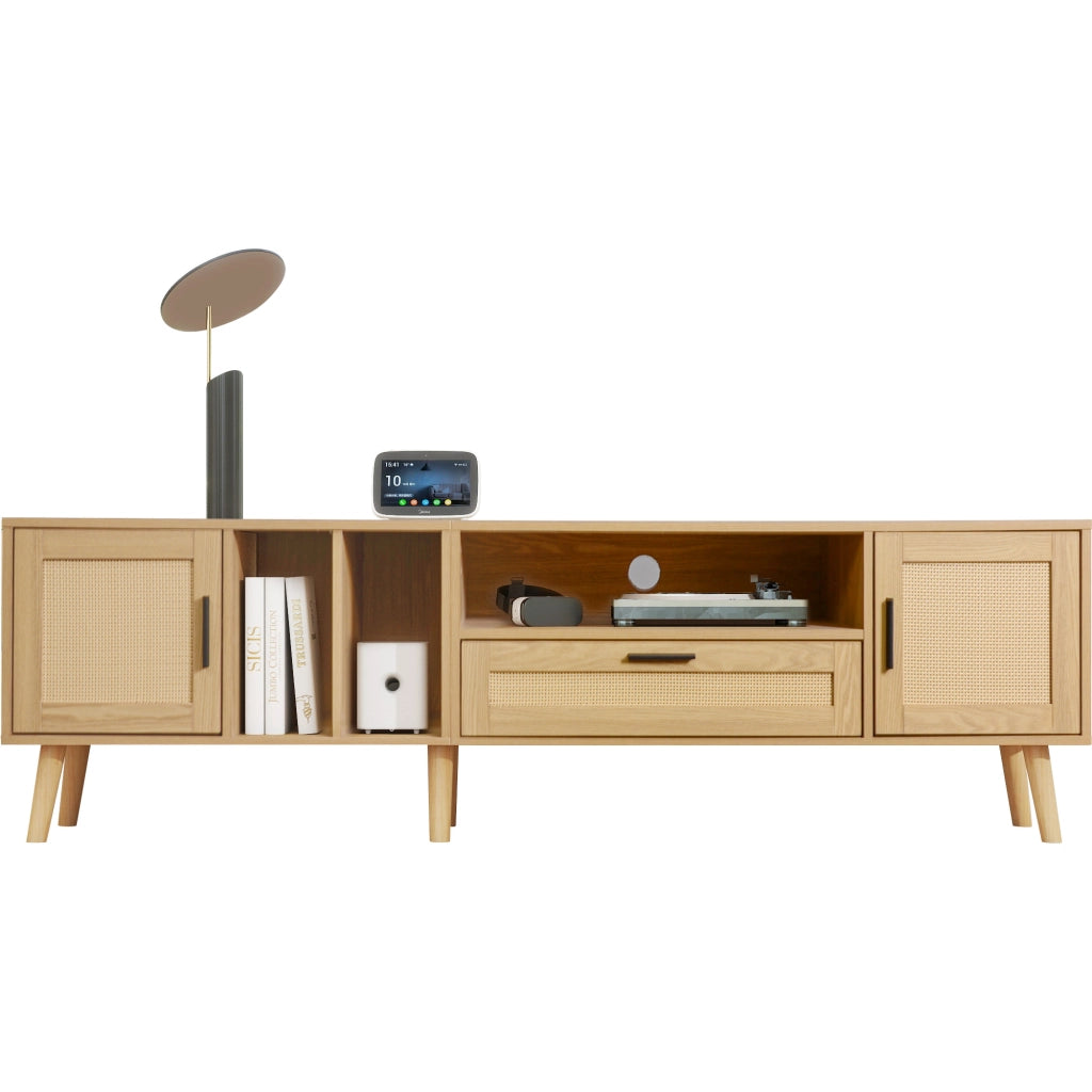 Mobile TV 180 cm in finitura legno con dettagli in rattan, 2 ante, 1 cassetto e gestione cavi per TV fino a 80 pollici