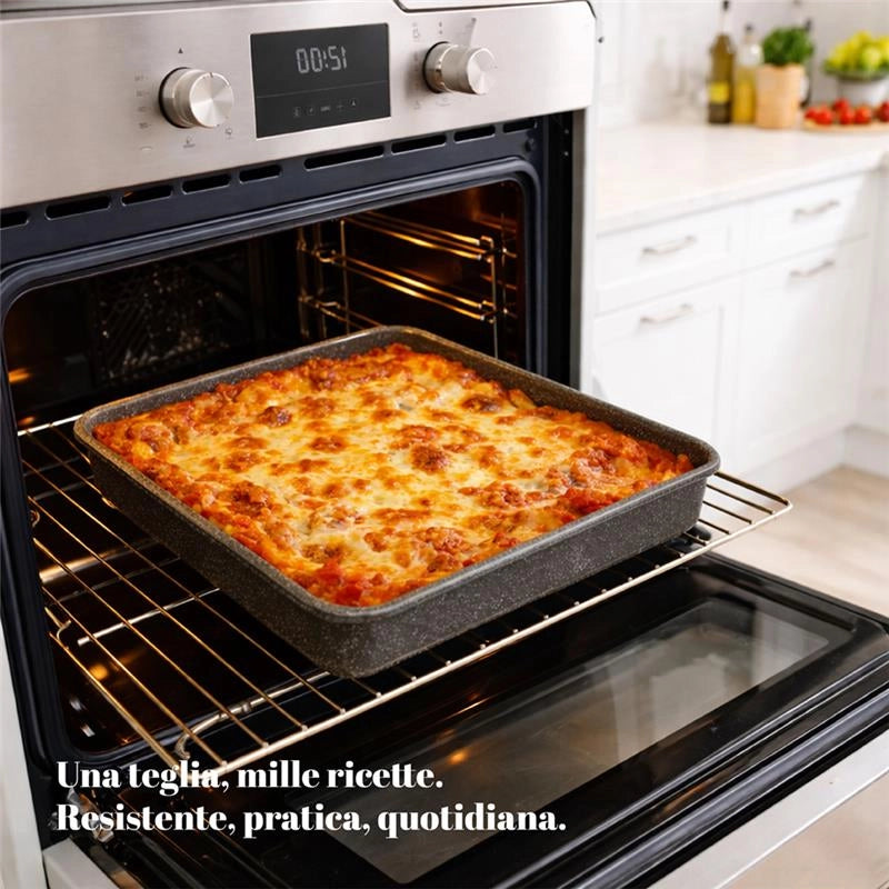HAPPY STONE 2PZ TEGLIE QUADRATA BASSA PIZZA 40X40XH4 CM CON RIVESTIMENTO ANTIADERENTE E ANTIGRAFFIO