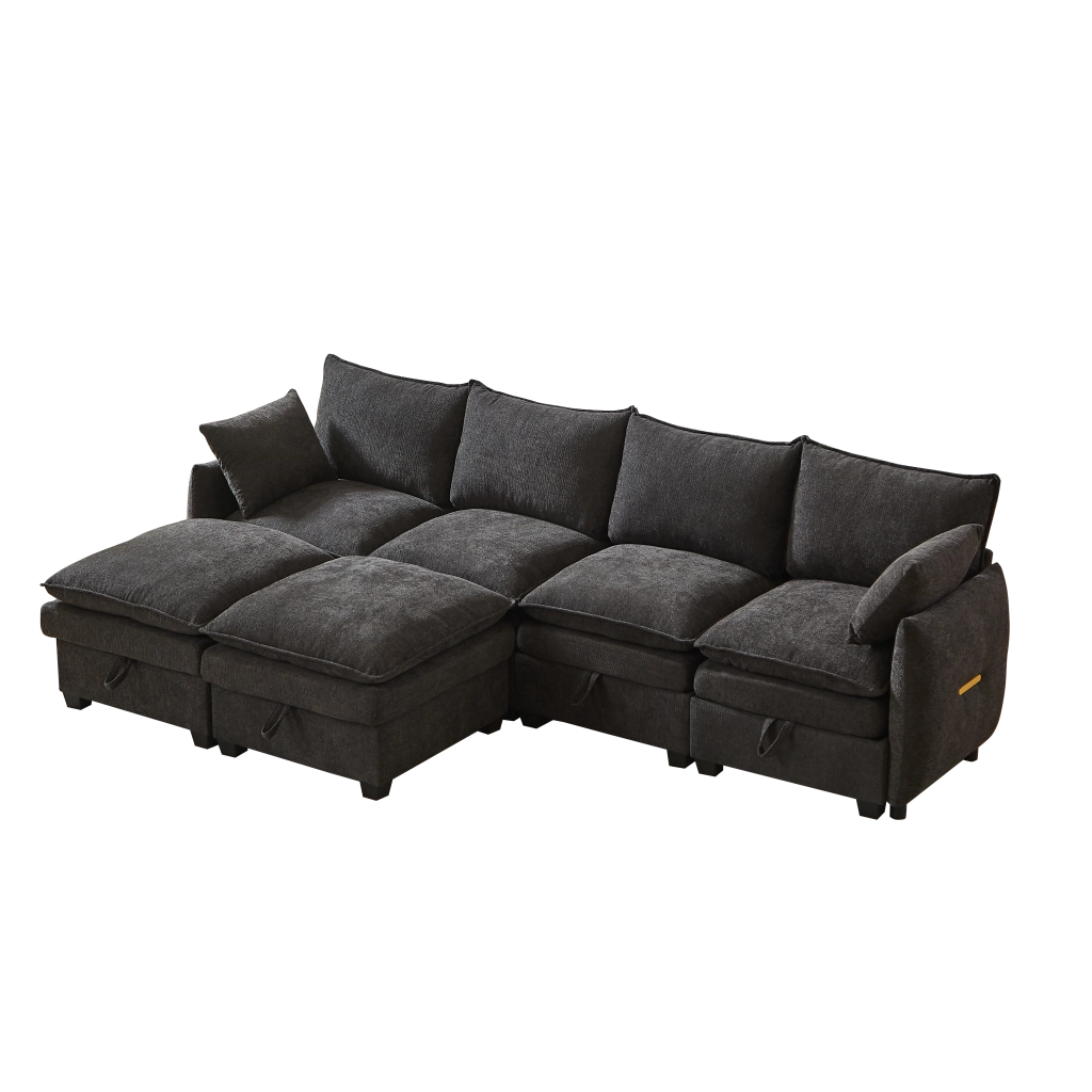 Divano U Modulare con Contenitore ¨C MINIMAL ¨C Chenille, Cuscini, Poggiapiedi, Legno Massello