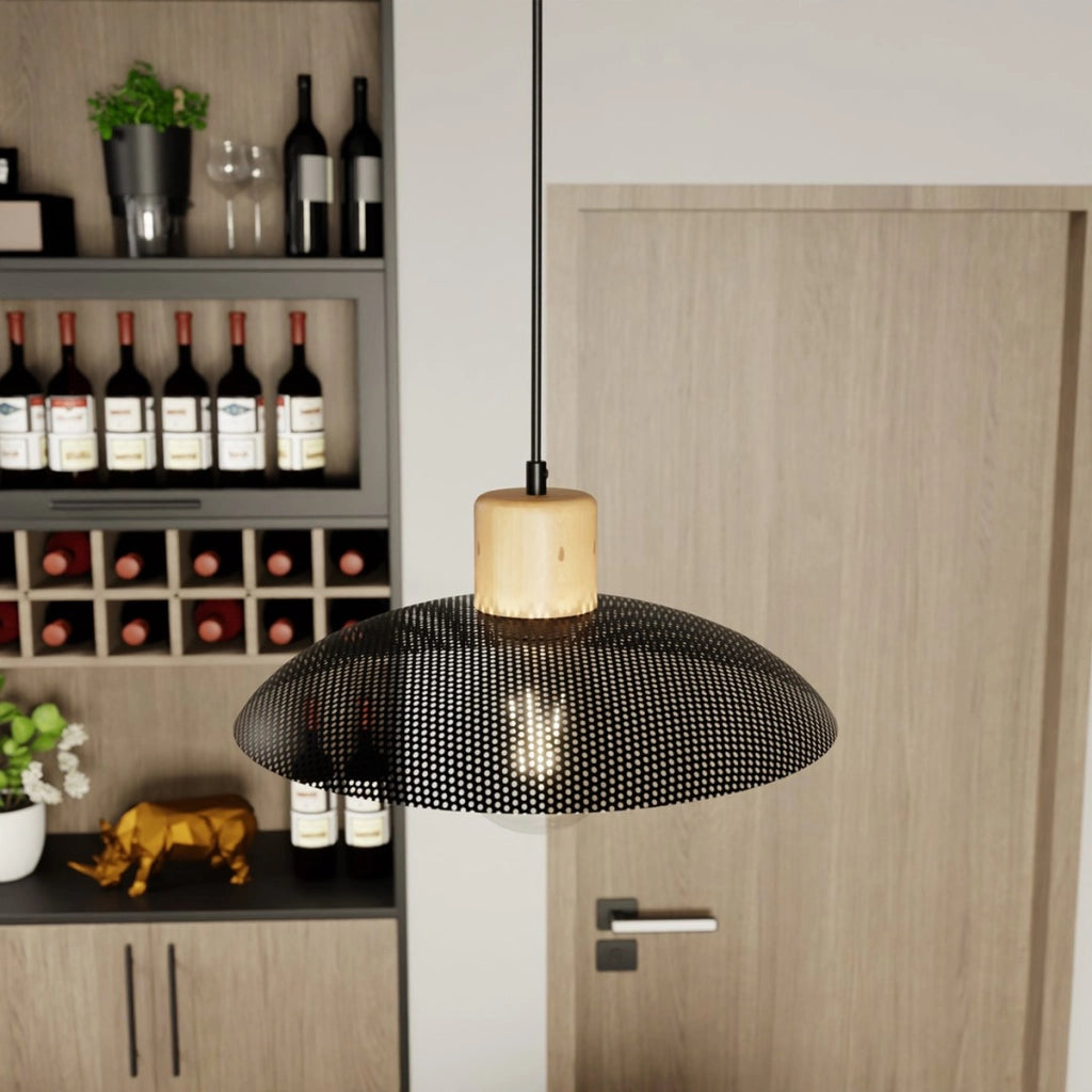 Lampada a sospensione KOBE in acciaio nero e legno naturale