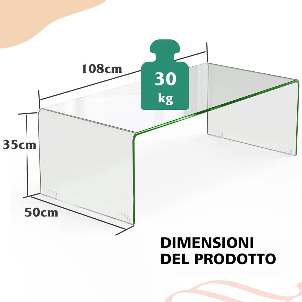 Tavolino da Salotto in Vetro Temperato, Tavolino Soggiorno a Forma di U con Bordi Lisci Arrotondati e Piedini, Tavolino Basso Moderno da Soggiorno, Ufficio e Hotel, 108 x 50 x 35 cm